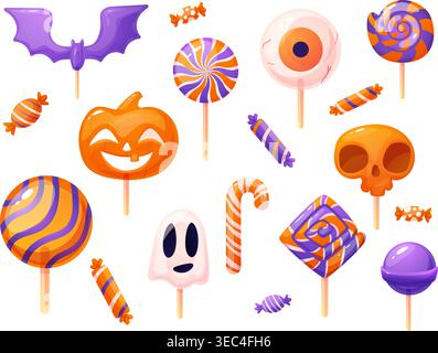 Halloween Süßigkeiten. Süßes Zuckerkaramell, Lutscher wie Kürbis, schrecklicher Augapfel, Geist, Schädel und Fledermaus. Herbstfest, Trick or Treat, heute Stock Vektor
