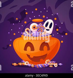 Halloween süßes Poster. Eimer in Kürbisform mit verschiedenen Süßigkeiten, fliegenden Fledermäusen und Festival-Konfetti. Trick-or-Treat-Element, heute saisonal Stock Vektor