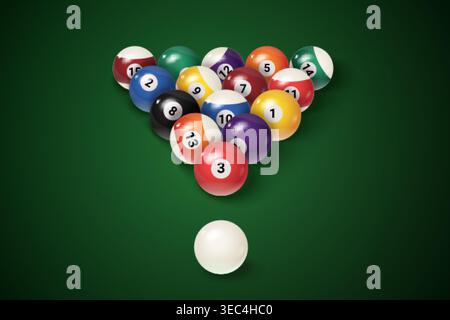 Billardbällchen. Snooker Ball Dreieck Rack bereit Spiel Spiel, realistische Billardkugel acht Zahlen grüner Hintergrund Sport Glücksspiel Queue Turnier, exakte Vektor Illustration Original Artwork Stock Vektor