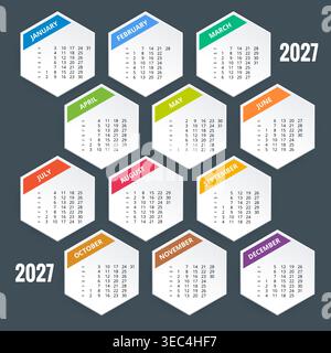 2027 Kalendervorlage und kompakte Datumszeilen. Sauberes jährliches Planerkonzept für 2027 für Büroorganisation, Zeitplanübersicht und Drucknutzung. 12 Monate Stock Vektor