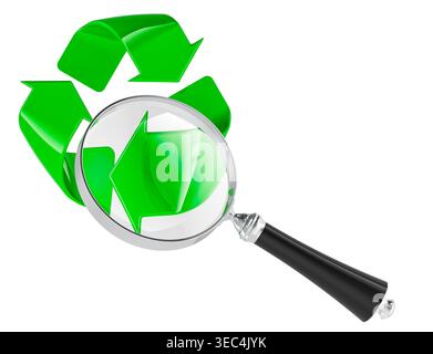 Recycling-Symbol unter Lupe. Recycling-Inspektion, Öko-Audit und Nachhaltigkeitsanalyse, Konzept. 3D-Rendering isoliert auf weißem Hintergrund Stockfoto