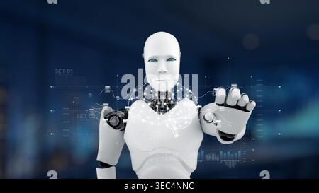 Ein humanoider Roboter verfügt über eine digitale Schnittstelle, die die Verschmelzung von Technologie und künstlicher Intelligenz in einer schlanken und modernen Umgebung verkörpert Stockfoto