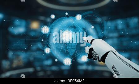 Eine Roboterhand greift zu einem digitalen Globus und veranschaulicht das Konzept der globalen Konnektivität und technologischen Fortschritte in der Kommunikation und Stockfoto