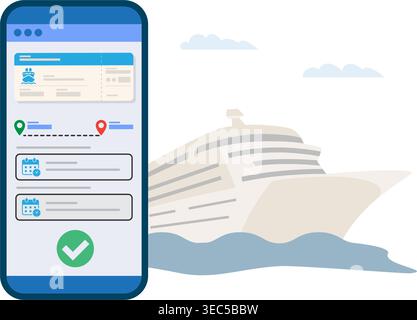 Flache Vektorgrafik eines Smartphone-Bildschirms, der eine Schnittstelle für die Buchung von Kreuzfahrttickets mit einem Schiff im Hintergrund zeigt. Abbildung: Stock Vektor