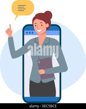 Professionelle weibliche Sprecherin, die eine digitale Vorlesung oder ein Webinar über einen Bildschirm eines Mobiltelefons hält. Stock Vektor
