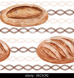 Nahtloses Muster mit handbemaltem Sauerteigbrot in warmen neutralen Tönen. Minimales Bäckereidesign mit klarem horizontalen Layout, ideal für Stockfoto