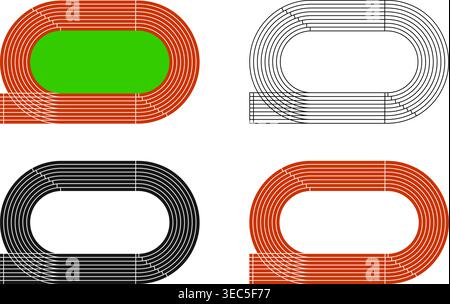 Satz von Vorlagen für Laufstrecken. Sportstadien in Draufsicht. Sammlung von Rennstrecken für Sprint, Marathon oder andere sportliche Wettkämpfe, isoliert auf weißem Hintergrund. Illustration der Vektorabwicklung. Stock Vektor