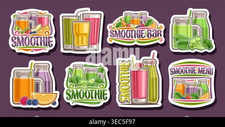 Vektor-Etikettenset für Smoothie, Papierschilder mit Illustration von verschiedenen gemischten Gemüse und Früchten in maurerglas mit Strohhalm, Sammlung von verschiedenen Stock Vektor
