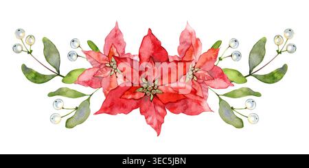 Wunderschöne Aquarellkomposition mit roten Weihnachtsstern, grünen Blättern und zarten weißen Beeren. Handgezeichnetes Blumenarrangement Stockfoto