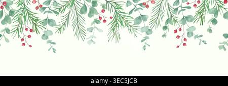 Nahtloser Weihnachtsrand mit Tannenzweigen, Eukalyptus und roten Beeren. Botanischer Wintertitel mit Kopierraum auf Pastellfarben. Vektor-EPS. Stock Vektor