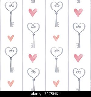 Nahtloses valentinstag-Streifenmuster mit herzförmigen Schlüsseln und rosafarbenen Herzen. Handgezeichneter romantischer Vintage-Hintergrund Stockfoto