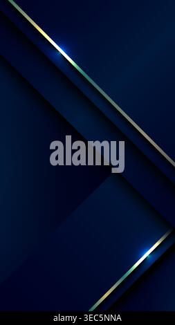Abstrakter dunkler marineblauer Hintergrund mit luxuriösen, sich überschneidenden geometrischen Schichten und eleganten metallischen Goldlinien mit cyan leuchtendem Licht für erstklassiges korpor Stock Vektor