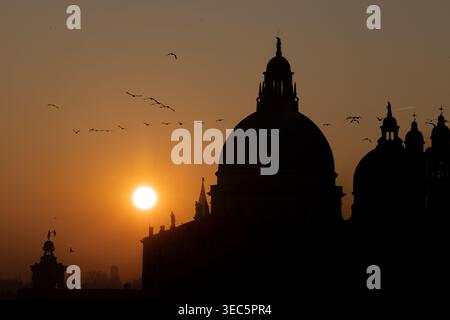Basilika Santa Maria della Salute als Silhouette vor dem Himmel am Canal Grande in Venedig, Veneto, Italien. Stockfoto