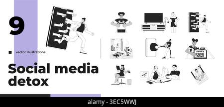 Social Media Detox Lifestyle Outline Illustrations Bundle Stock Vektor