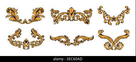 Barocke Eckornamente im goldenen Vintage-Stil - filigrane Blumenränder mit elegantem Scrollwerk und dekorativen Blattmotiven. Klassische Rahmenelemente für luxuriöse Einladungen oder Zertifikate Stock Vektor