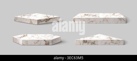 3D-Set aus geometrischen Marmorplattformen, isoliert auf Hintergrund. Vektor-realistische Illustration der luxuriösen dreieckigen, quadratischen und sechseckigen Steinbühne für Produktpräsentation, Innenarchitektur-Element Stock Vektor