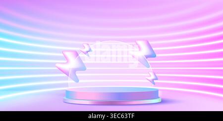 Flash-Verkaufspodest mit 3D-Blitz. Realistische Vektor-Illustration der runden Plattform für Mega-Rabatt-Angebot, irisierende Promo-Produktanzeige auf holografischem Hintergrund mit leuchtenden Neon-Linien Stock Vektor