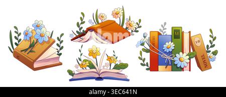 Buchstapel mit Blumen Karikaturvektor Illustration isoliert auf weißem Hintergrund. Geöffnete und geschlossene Bücher, gebunden mit Schnur oder Kordeln und mit Blumenstrauß zwischen den Seiten, Sommer- oder Frühlingsleseelemente Stock Vektor