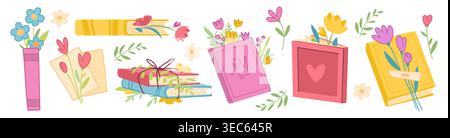 Buchstapel mit Blumen Karikaturvektor Illustration isoliert auf weißem Hintergrund. Geöffnete und geschlossene Bücher, gebunden mit Schnur oder Kordeln und mit Blumenstrauß zwischen den Seiten, Sommer- oder Frühlingsleseelemente Stock Vektor