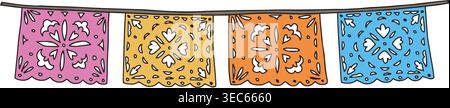 Handgezeichnete Papel-Picado-Bannergirlande, bunte mexikanische fiesta-Fahnen. Traditionelles Dekor. Cinco de Mayo, Tag der Toten, Dia de Muertos Party Stock Vektor