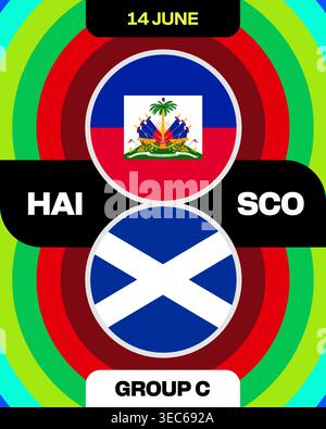 Haiti gegen Schottland Football 2026 Spielankündigung Vektorgrafik für das Football 2026 Group Stage Turnier. Stock Vektor