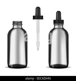 Offene und geschlossene Flasche aus dunklem Klarglas mit Tropfverschluss und realistischem Modell. Kosmetik- oder Medizinproduktbehälter, Vektormodell Stock Vektor