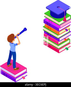 Bildung oder Geschäftserfolg. Isometrischer Student oder Geschäftsmann, der auf Büchern steht und durch das Teleskop schaut, neue Gelegenheiten für Lernende gehen Stock Vektor