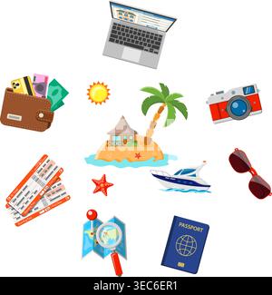 Planung von Urlaubskonzepten und Tourismus-Infografiken mit flachen Symbolen für mobile Anwendungen, Website, Werbung wie Planung, Buchung, Tickets, Mo Stock Vektor