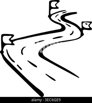 Roadmap-Symbol für Geschäftsstrategie und Projektplanung. Handgezeichnete Kritzelillustration einer kurvenreichen Straße mit Flaggen, die wichtige Meilensteine markieren. Stock Vektor