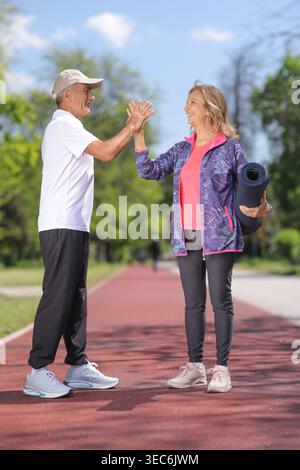 Aktives Seniorenpaar gibt High-Five auf einer Laufbahn im Park Stockfoto