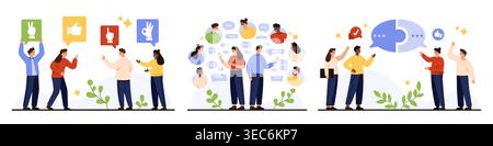 Geschäftsleute diskutieren Feedback-Symbole, chatten in Gruppen, tauschen Meinungen aus, arbeiten an Ideen zusammen, moderne, flache Teamwork-Kommunikationsszenen isoliert auf weißen Vektorillustrationen Stock Vektor