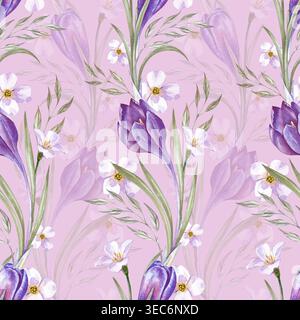 Nahtloses Aquarellmuster mit vertikalen Reihen lila Krokusse und zarten weißen Blumen. Die Abbildung ist auf einem rosafarbenen Hintergrund, was erzeugt Stockfoto