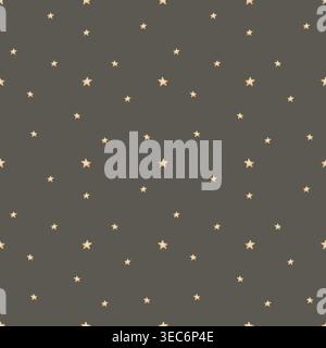 Muster beige Sterne am Nachthimmel. Einfaches, nahtloses Design für Baby im Vintage-Look. Handgezeichnete Illustrationen in Pastellfarbe auf grauem Hintergrund für Stockfoto