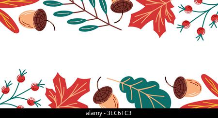 Herbstblattrahmenkonzept mit Ahorn- und Eichenblatt, Eichel, Beere und Pflanzenzweig. Vektorillustration für Banner, Grußkarte, Poster. Stock Vektor