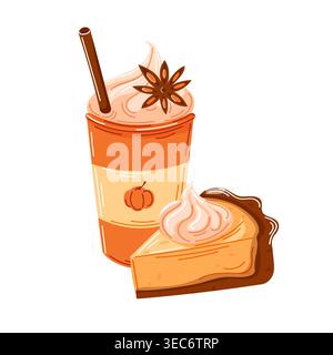 Kürbis-Gewürz-Latte-Getränk und Kürbiskuchen im Cartoon-Stil. Herbstferien-Food-Konzept. Handgezeichnete Vektor-Illustration für Rezept oder Menü. Stock Vektor
