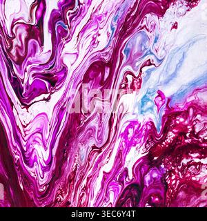 Eine lebendige abstrakte, fließende Kunstkomposition mit satten Magenta-, Rosa- und Weißtönen, die in organischen marmorähnlichen Mustern fließen. Die dynamische Bewegung o Stockfoto