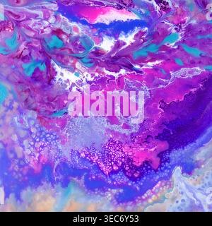 Eine lebendige und dynamische abstrakte, fließende Kunstkomposition mit satten Violett-, Violett- und Zyantönen mit komplizierten zellulären Texturen. Das organische Patte Stockfoto