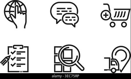 Symbole für Online-Shopping-Phasen für Web-Guide und Infografiken: Suchen, in den Warenkorb legen, Bezahlen, Garantie, Lieferung. Piktogramme in fettgedruckter Linie Stock Vektor