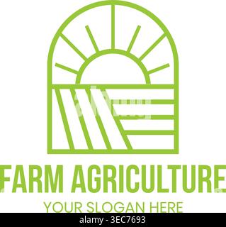 Modernes Farm-Logo in einem Rundbogenrahmen mit Sonnenaufgang und bewirtschafteten Flächen. Repräsentiert ökologische Landwirtschaft, Nachhaltigkeit und natürliche Produktion Stock Vektor