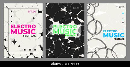 Abstraktes Musikposter mit bunten geometrischen Mustern, Retro-Vektor-Hintergrund-Set. Modernes Sounddesign für Partyflyer, Konzerteinladungen, elektronische Musikveranstaltungen mit Kugeln, Kugeln oder Blasen Stock Vektor