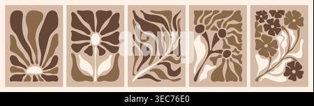 Abstraktes Doodle-Blumenmuster mit Blumen und Blättern im Matisse-Stil. Retro-Vektor-Design für trendige Poster mit ausgeschnittenen Pflanzen, botanische Drucke mit groovigem Vintage-Stil in braunen Farben Stock Vektor