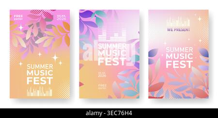 Musik fest Poster mit leuchtendem Farbverlauf, Halbtöne und abstraktem Blumendesign, Vektorillustrationen. Vorlage für Konzertflyer, Electro Club Events und Festival Promotions. Stock Vektor