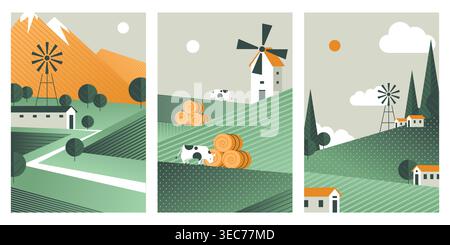 Sommerlandschaft mit grünen Feldern, sanften Hügeln und Kühen, abstrakten Karten. Saisonale Landschaft mit gelben Strohballen. Geometrische Poster mit Bergen, Windmühlenbau und Nutztieren Stock Vektor
