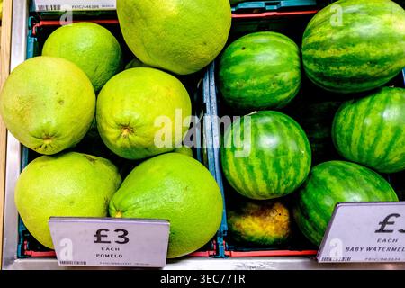 London UK, 29. April 2026, frisches Obst Pomelo und Baby Watermelon mit No People Stockfoto
