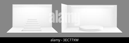 3D-Standmodell mit sauberen weißen Wänden, leerem Raum und Treppenpodium, Vektorset isoliert auf grauem Hintergrund. Ausstellungsraum Box, Produktdisplays mit realistischer Eckperspektive und LED-Lampen Stock Vektor