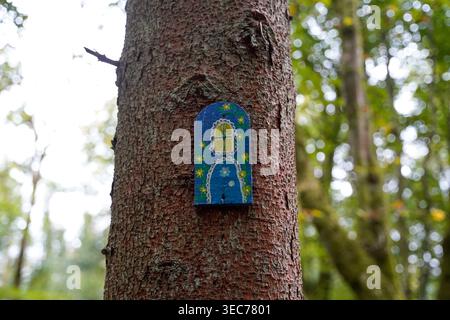 Blau Lackierte Feentür Mit Blumen Auf Baumstamm Belleek Woods Irland Stockfoto