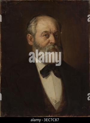 Porträt von Adam Malinowski, Maler; Buchbinder, Szymon 1853–1922 Autor. Malinowski, Adam 1829–1892 — Porträt; männliche Büste, Dreiviertel; Künstlerporträt. Zeigt Bart, Schnurrbart, graue Haare, Glatze Kopf, Alter. 1877?; Gemälde; 61 cm x 47,3 cm., Ein gemaltes Porträt eines älteren Mannes, der von der Brust nach oben gezeigt wird, mit dunkler Jacke, weißem Hemd und dunkler Fliege, mit einem vollen grauen Bart und Schnurrbart und kurzen grauen Haaren; seine Hauttöne sind hell mit dezenten warmen Schattierungen, und seine Augen sehen leicht nach links des Betrachters aus. Der Hintergrund ist tiefbraun mit dunkleren Bereichen in der Nähe der Kanten. Stockfoto