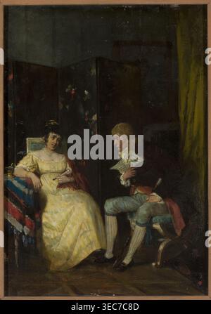 Konversation, Henryk Piątkowski 1853–1932, Maler; Hofszenen, Innenräume, Möbel; Historismus; Innenansicht; 1875; Malerei; 34 x 24,5 cm, Eine gemalte Szene eines Innenraums mit einer sitzenden Frau und einem sitzenden Mann, die sich gegenüberstehen, die Frau in einem blassgelben Kleid mit einem roten Schal, der neben ihr drapiert ist, und einer hellblauen Halskette, und der Mann in dunklerer Kleidung mit hellen Hosen und Strümpfen; dahinter steht ein dunkler Klappschirm mit kleinen bunten Blumenakzenten, ein Tisch, der mit einem gestreiften Tuch in Blau, Rot und weiß bedeckt ist, sitzt neben der Frau mit einer kleinen Tasse drauf. Stockfoto