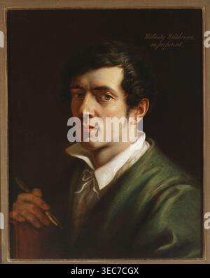 Selbstporträt, Wańkowicz, Malerin Walenty 1799-1842. Ein junger, dunkelhaariger Mann mit schlankem Gesicht, kurzen Koteletten und seitlich über der Stirn in Richtung Schläfen gekämmten Haaren, trägt eine grüne Bluse und ein weißes Hemd mit leicht erhöhtem Kragen, gebunden mit weißem Kordelzug, gezeigte Brust, dreiviertel nach links gedreht und blickt direkt auf den Betrachter. Vor ihm hält er einen porte-Buntstift in der Hand, der auf einem kleinen Buch mit einem rotbraunen Cover liegt. Sein ovales Gesicht wird aus der Dunkelheit durch ein starkes Licht von rechts beleuchtet. Blaue Augen, lange, leicht umgedrehte Nase, klar Stockfoto