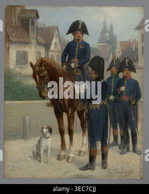 Chefchirurg und Arzt, Apotheker und Chirurg 3. Klasse, Chełmiński, Januar 1851–1925, Maler, Anfang des 20. Jahrhunderts, Gemälde, Höhe 29 cm, Breite 23,5 cm, Eine gemalte Szene zeigt eine Gruppe uniformierter Männer und ein Pferd auf einem gepflasterten Gelände mit Gebäuden und einem Kirchturm im Hintergrund; die Männer tragen dunkelblaue Mäntel mit goldenen Knöpfen und Zierleisten, hohe schwarze Bicornhüte mit goldenen Details, weiße Handschuhe und schwarze Stiefel, und ein Mann sitzt auf einem braunen Pferd mit glänzendem Fell und Ledertraum, während ein anderer neben dem Pferd steht, das ihm ein Papier hält, und zwei weitere uniformierte Männer Stockfoto